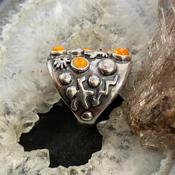 Carolyn Pollack Sterling Silver 5 Orange Spiny Oyster Petroglyph Ring For Women - Picture 6 of 10